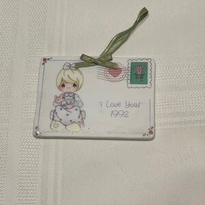 Precious Moments Porcelain Plaque with Green Ribbon I Love You 1992